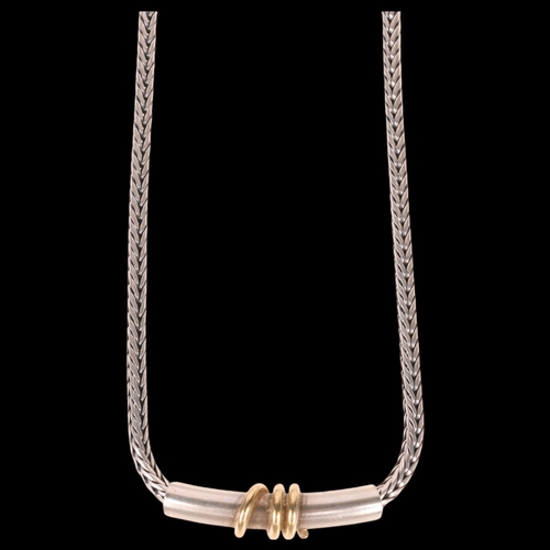 1437 - RAUFF - a modern Danish sterling silver-gilt tube pendant necklace, on sterling foxtail link chain, ... 