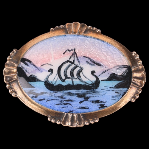 1456 - A Norwegian sterling silver-gilt enamel 'Viking Ship' landscape panel brooch, 30.7mm, 5.8g