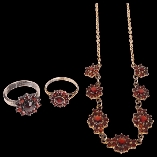 1458 - A group of Danish sterling silver garnet jewellery, comprising flowerhead cluster collar necklace, 4... 