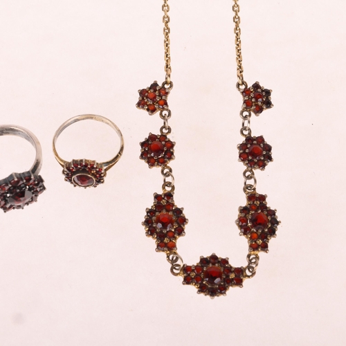 1458 - A group of Danish sterling silver garnet jewellery, comprising flowerhead cluster collar necklace, 4... 