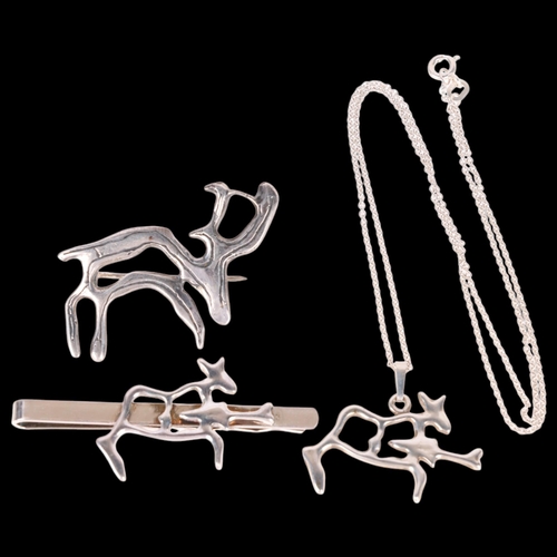 1462 - 3 pieces of Danish sterling silver 'Elk' jewellery, comprising pendant necklace, brooch and tie clip... 