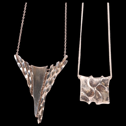 1464 - 2 Danish brutalist sterling silver abstract pendant necklaces, makers include A Holthe, on sterling ... 