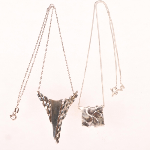 1464 - 2 Danish brutalist sterling silver abstract pendant necklaces, makers include A Holthe, on sterling ... 