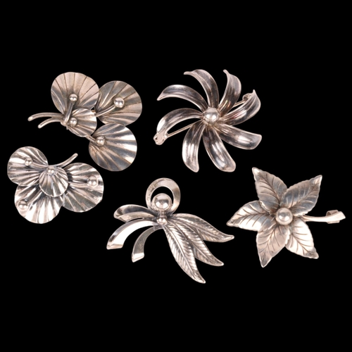 1467 - 5 Danish silver floral brooches, makers include John Lauridsen, largest 40mm (5)