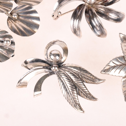 1467 - 5 Danish silver floral brooches, makers include John Lauridsen, largest 40mm (5)