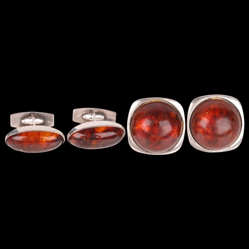 1473 - 2 pair of Danish sterling silver and amber cufflinks, makers include Einer Fehrn, largest 24.4mm, 31... 