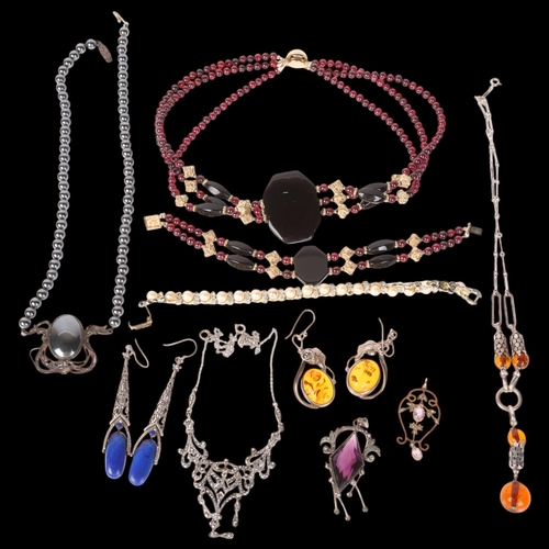 1477 - Various silver and costume jewellery, including hematite bead necklace, amber earrings, etc