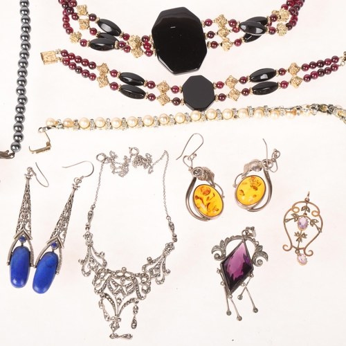 1477 - Various silver and costume jewellery, including hematite bead necklace, amber earrings, etc