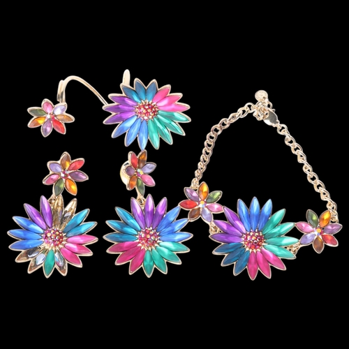 1479 - BUTLER & WILSON - a gilt-metal '3 Candy Coloured Flowers' jewellery set, comprising bracelet, ring a... 