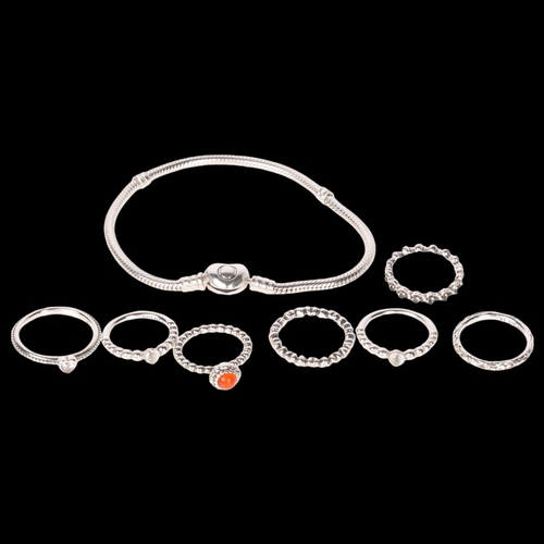 1481 - PANDORA - various silver jewellery, including heart charm bracelet, and 7 rings, bracelet 20cm, 31.8... 