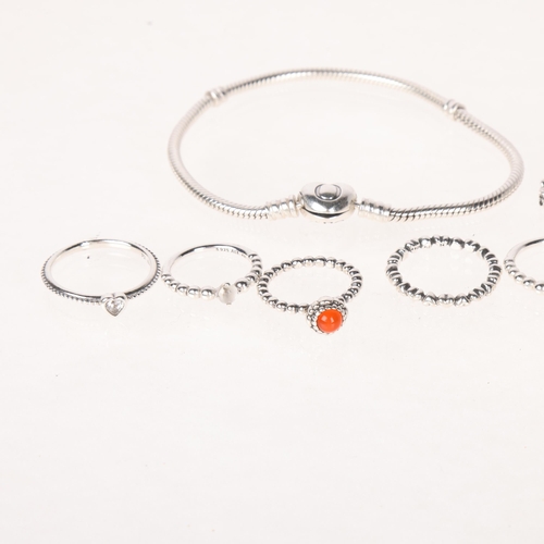 1481 - PANDORA - various silver jewellery, including heart charm bracelet, and 7 rings, bracelet 20cm, 31.8... 