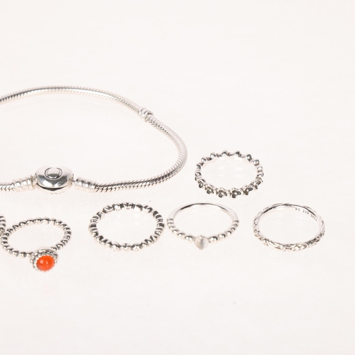 1481 - PANDORA - various silver jewellery, including heart charm bracelet, and 7 rings, bracelet 20cm, 31.8... 