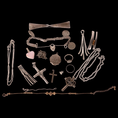 1483 - Various silver and costume jewellery, including coin charm bracelet, cross pendant, etc, 123g gross