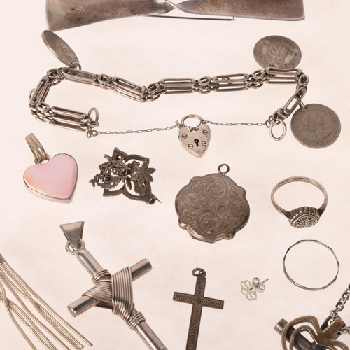 1483 - Various silver and costume jewellery, including coin charm bracelet, cross pendant, etc, 123g gross