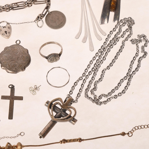 1483 - Various silver and costume jewellery, including coin charm bracelet, cross pendant, etc, 123g gross