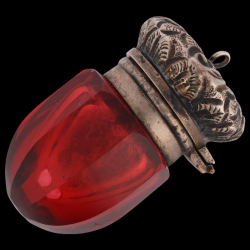 1502 - A Victorian miniature novelty silver-mounted ruby glass acorn vinaigrette, faceted form with floral ... 