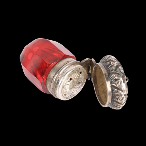 1502 - A Victorian miniature novelty silver-mounted ruby glass acorn vinaigrette, faceted form with floral ... 