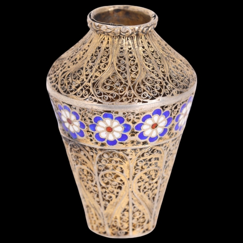 1516 - An Antique silver-gilt filigree enamel miniature vase, possibly Russian, marks on neck, 5cm