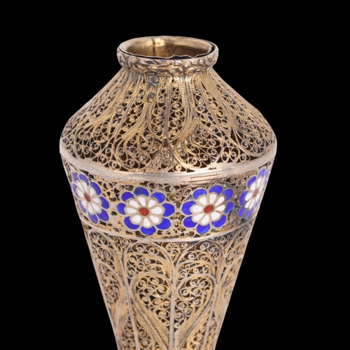 1516 - An Antique silver-gilt filigree enamel miniature vase, possibly Russian, marks on neck, 5cm