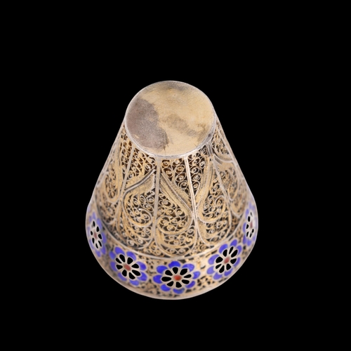 1516 - An Antique silver-gilt filigree enamel miniature vase, possibly Russian, marks on neck, 5cm