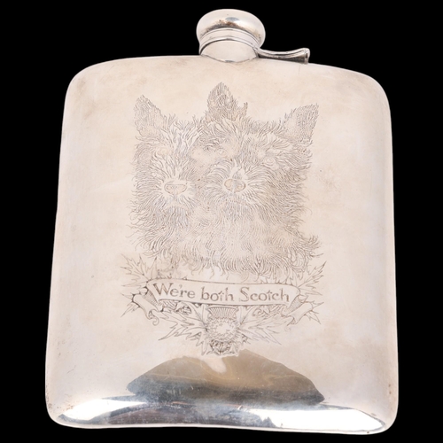 1521 - A large American sterling silver 'We're Both Scotch' hip flask, William B Kerr & Co, curved rectangu... 