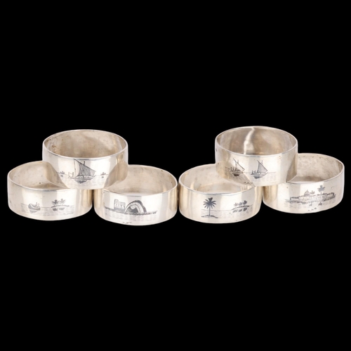 1528 - A set of 6 Iraqi silver and niello napkin rings, 5cm, 3.5oz, and a sterling silver cocktail swizzle ... 