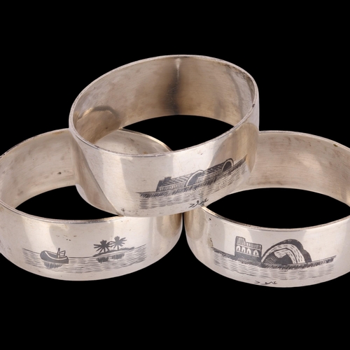 1528 - A set of 6 Iraqi silver and niello napkin rings, 5cm, 3.5oz, and a sterling silver cocktail swizzle ... 