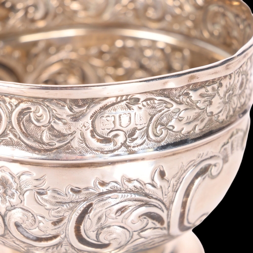 1530 - An Edwardian silver pedestal sugar bowl, Corke Brothers & Co, London 1905, circular form with relief... 