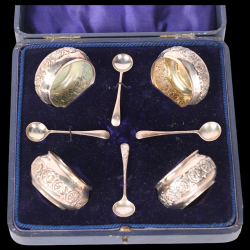 1535 - A cased set of 4 Edwardian silver salt cellars and spoons, Joseph Gloster Ltd, Birmingham 1908, 5cm,... 