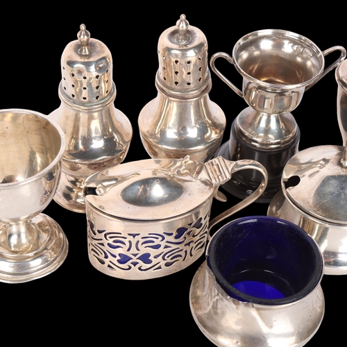 1539 - Various silver cruets, including pair of pepperettes, salt cellars, etc, 8.5oz weighable