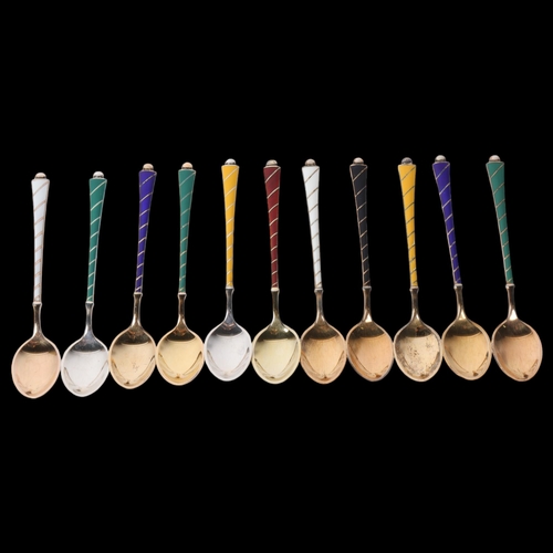 1545 - EGON LAURIDSEN - a set of 11 Danish vermeil sterling silver and harlequin enamel coffee spoons, 9.5c... 