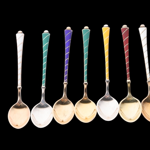 1545 - EGON LAURIDSEN - a set of 11 Danish vermeil sterling silver and harlequin enamel coffee spoons, 9.5c... 