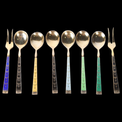 1546 - KHRISTIAN M HESTENES - a set of Norwegian modernist sterling silver and harlequin enamel flatware, c... 