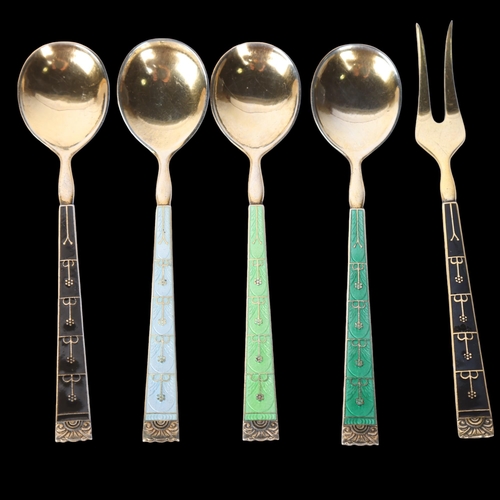 1546 - KHRISTIAN M HESTENES - a set of Norwegian modernist sterling silver and harlequin enamel flatware, c... 