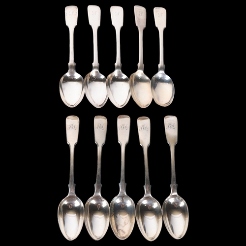 1550 - 2 sets of 5 Victorian silver Fiddle pattern teaspoons, London 1860 and 1872, 14cm, 6.5oz total