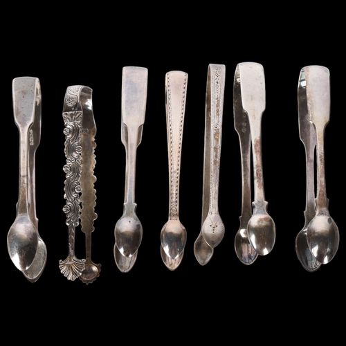 1555 - 7 pairs of Antique silver sugar tongs, including Newcastle example by John Brown, 1823, 9.4oz total