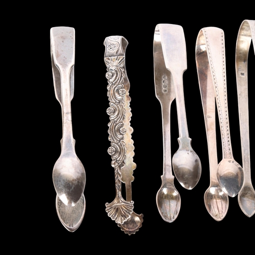 1555 - 7 pairs of Antique silver sugar tongs, including Newcastle example by John Brown, 1823, 9.4oz total