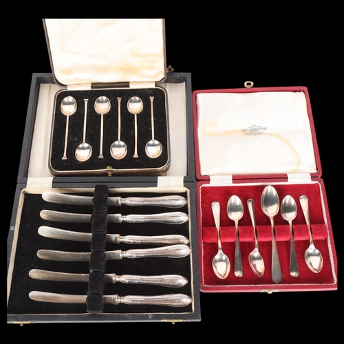 1559 - 3 cases of silver cutlery, including set of 6 coffee spoons, set of 6 silver-handled butter knives, ... 