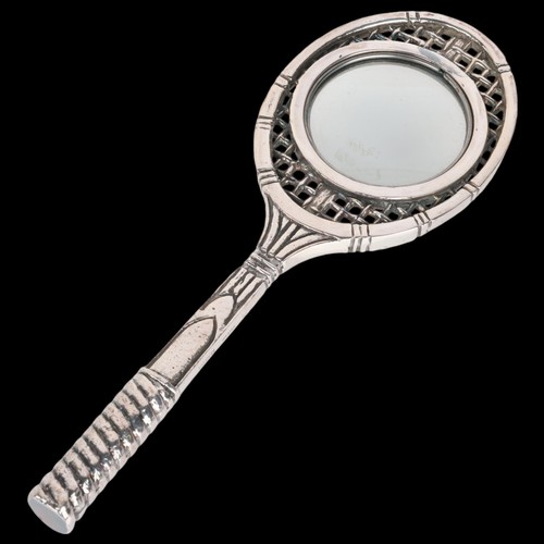 1508 - VALENTI - a Vintage novelty silver plated 'Tennis Racket' magnifying glass, retailed by Asprey Plc, ... 