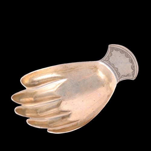 1509 - A George III novelty silver 'Hand' tea caddy spoon, Josiah Snatt, London 1805, bright-cut engraved h... 