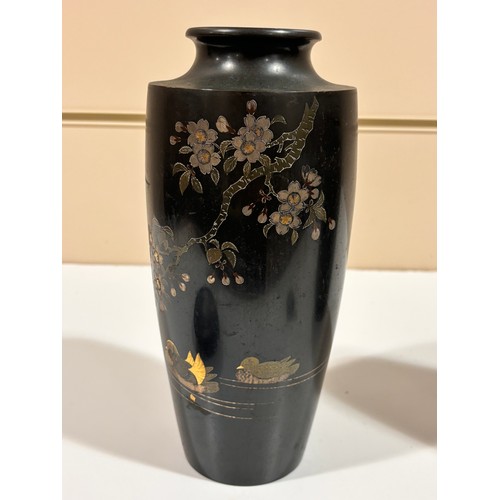 220 - A pair of Japanese inlaid and patinated bronze vases, decorated with ducks and blossom trees, height... 