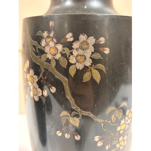 220 - A pair of Japanese inlaid and patinated bronze vases, decorated with ducks and blossom trees, height... 