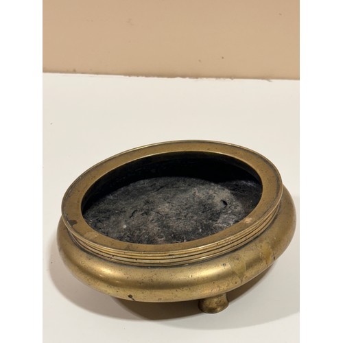 183 - A Chinese polished bronze incense burner on 3 feet, impressed 6 character mark, rim diameter 14cm, h... 