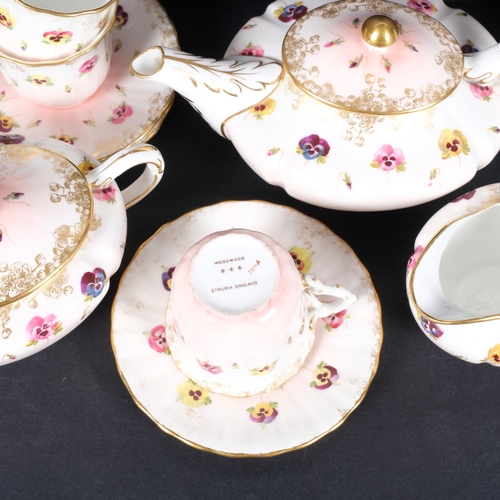 437 - A Vintage Wedgwood porcelain 'Pansy' pattern tea set for 5 people, teapot 10cm