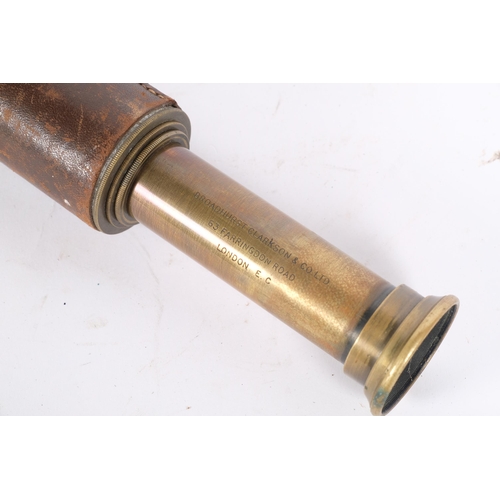 447 - A 19th century 3-draw leather-covered brass telescope, by Broadhurst Clarkson & Co Ltd, extended 76c... 