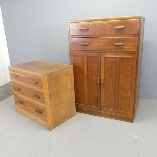 2510 - A mid-century oak tallboy, W84cm, H124cm, D47cm, and a similar low chest of three drawers. (2)