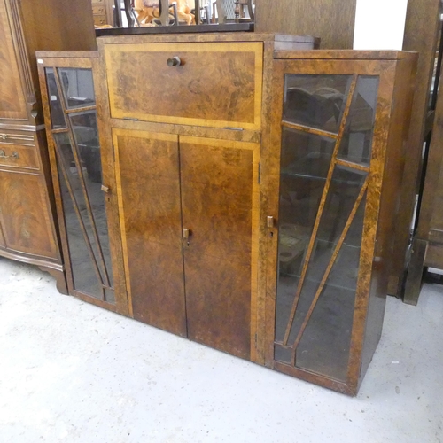 2513 - A modern Art Deco style burr walnut veneered drinks cabinet. W133cm, H114cm, D40cm.