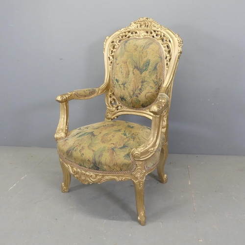 2523 - A modern continental style gilt painted and tapestry upholstered salon open arm chair.