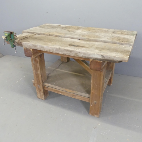 2536 - A vintage pine two-tier workbench, with fitted Fabrex vise. W122cm, H80cm, D81cm.