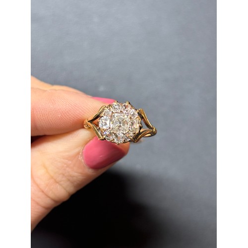 1290 - An Antique Victorian 18ct gold Peruzzi-cut diamond cluster ring, the principal Peruzzi-cut diamond w... 